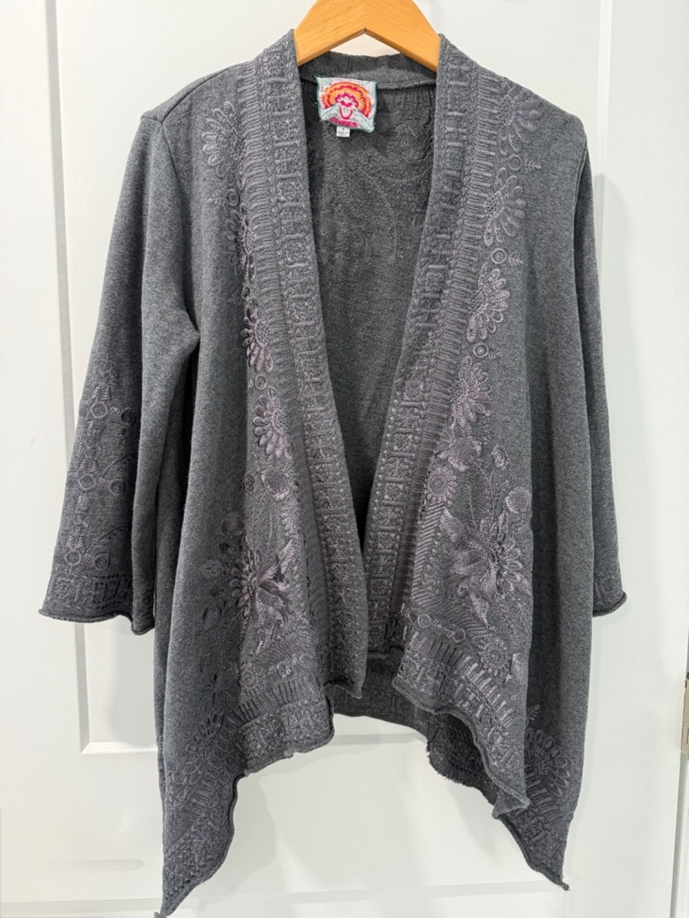 Johnny Was Biya Gray Embroidered Open Cardigan Boho Floral Knit Sweater (S)